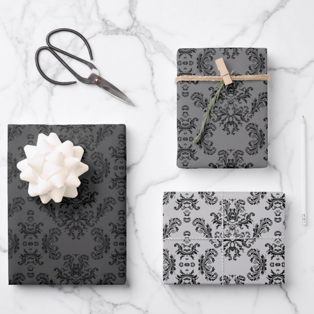 Grey Black vintage damask pattern Wrapping Paper Sheet (Front)