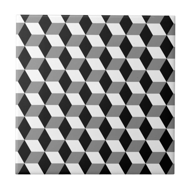 Grey, Black & White 3D Cubes Pattern Tile (Front)