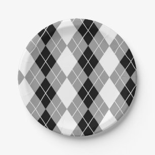Grey Black White Argyle Diamond Design  Paper Plate