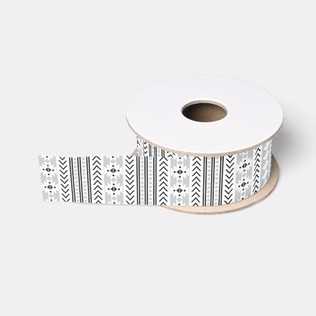 Grey Black White Aztec Tribal Geometric Pattern Grosgrain Ribbon (Spool)