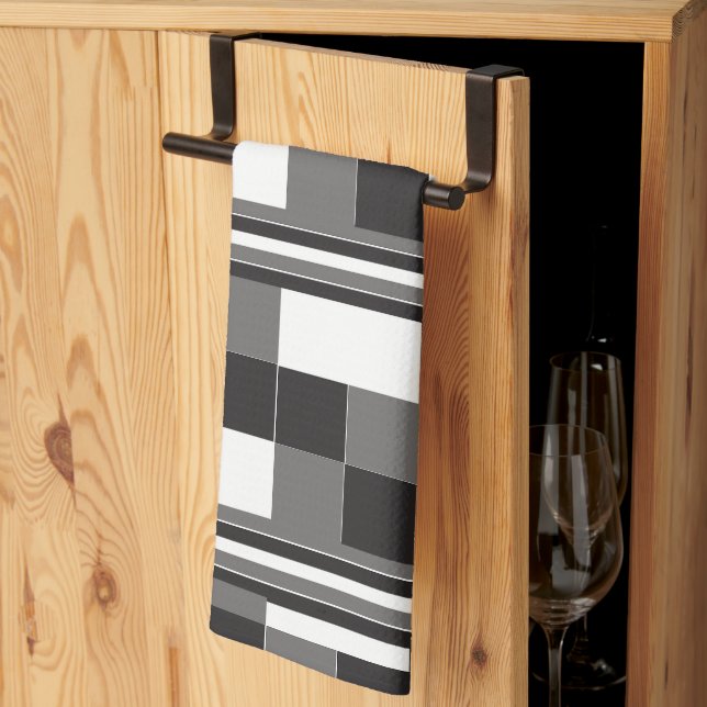 Grey Black White Check Stripes Pattern Tea Towel (Thirds Fold)