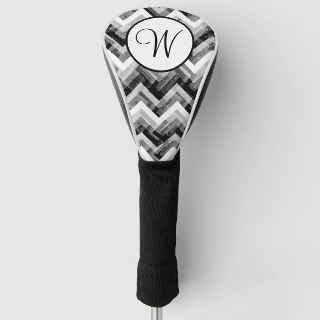 Grey Black White Chevron Textured Monogram Golf Head Cover (Front)
