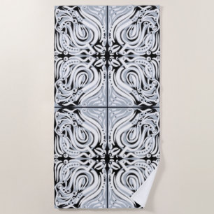 Grey Black White Curly Abstract Pattern  Beach Towel