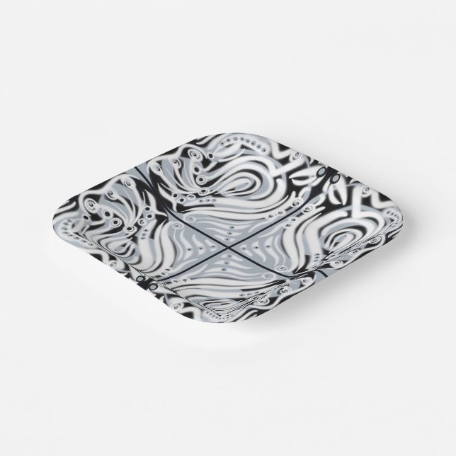 Grey Black White Curvy Abstract Pattern  Paper Plate (Angled)