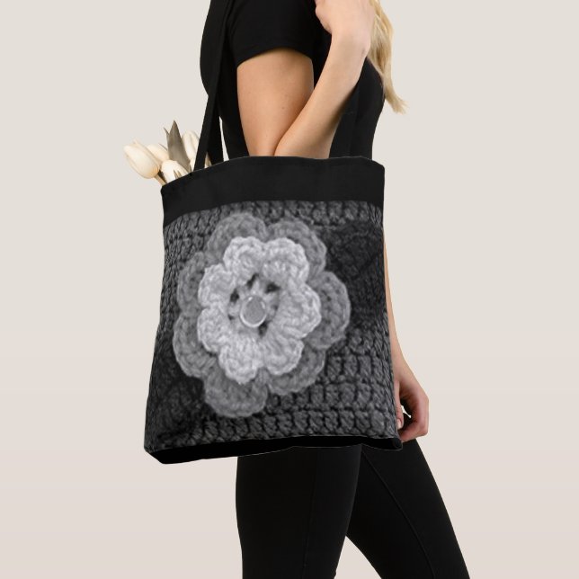 Grey Black White Flower Artisan Crochet Print Tote Bag (Close Up)