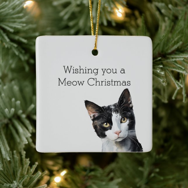 Grey Black White Kitty Cat Ceramic Ornament (Tree)