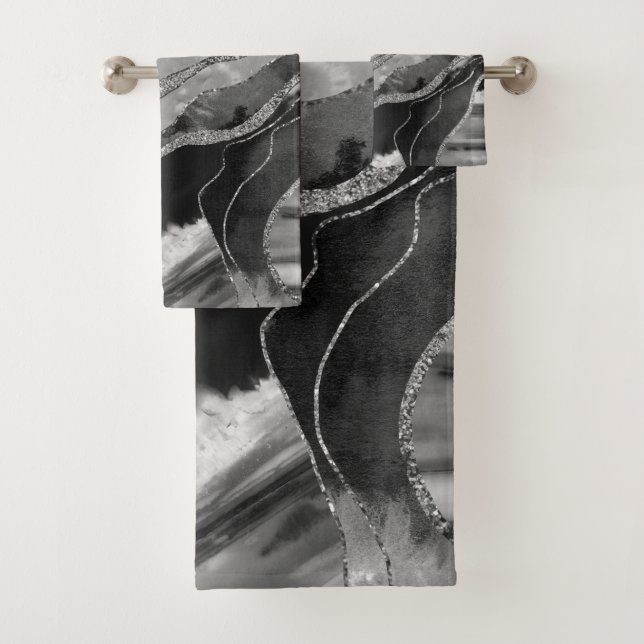 Grey Black White Marble Agate Silver Glitter #1 Bath Towel Set (Insitu)