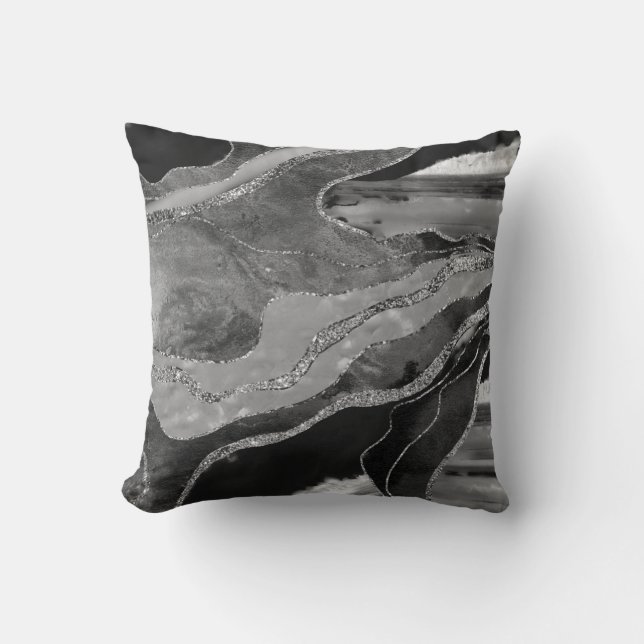 Grey Black White Marble Agate Silver Glitter #1 Cushion (Front)