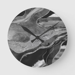 Grey Black White Marble Agate Silver Glitter #1 Round Clock