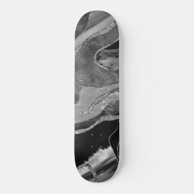 Grey Black White Marble Agate Silver Glitter #1 Skateboard (Front)