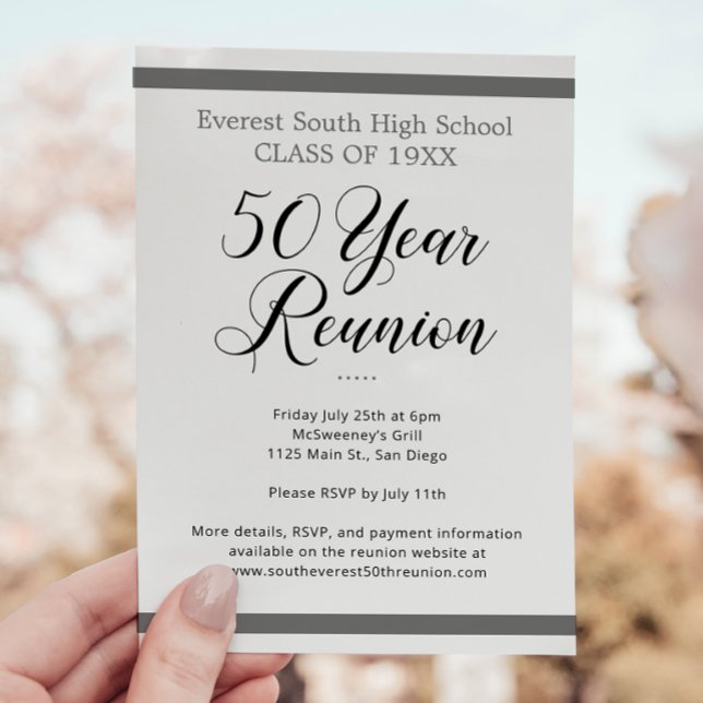 Grey Black White Minimalist 50 Year Class Reunion Invitation (Creator Uploaded)