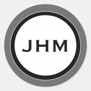 Grey Black & White Monogram Medallion with Name Classic Round Sticker