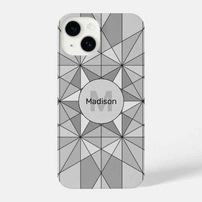 Grey black white Mosaic Triangle Pattern Monogram iPhone Case (Back)