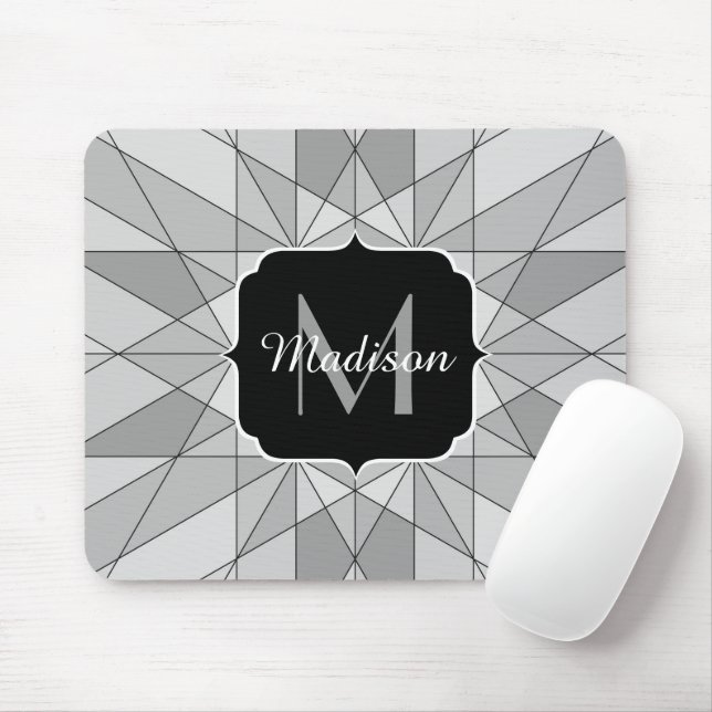 Grey black white Mosaic Triangle Pattern Monogram Mouse Pad (With Mouse)