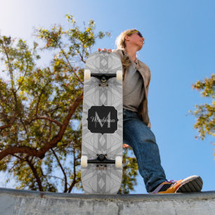 Grey black white Mosaic Triangle Pattern Monogram Skateboard