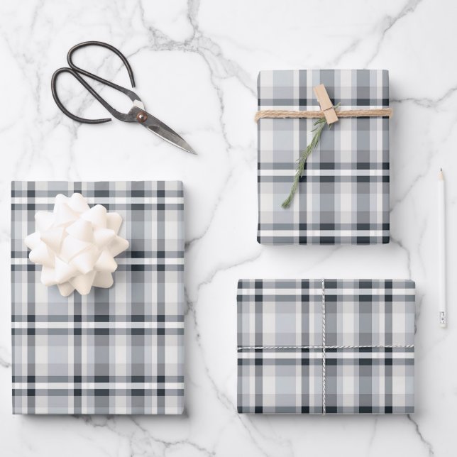 Grey, Black & White Plaid Wrapping Paper Sheet (Front)