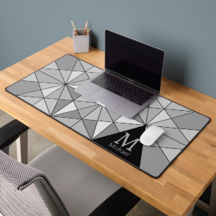 Grey black white retro Mosaic Triangle Monogram Desk Mat
