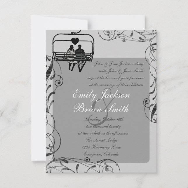 Grey black white ski lift custom wedding invites (Front)