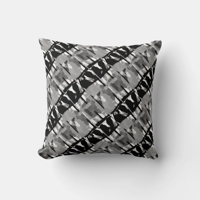 Grey Black White Slanted Abstract Small Tile Motif Cushion (Front)