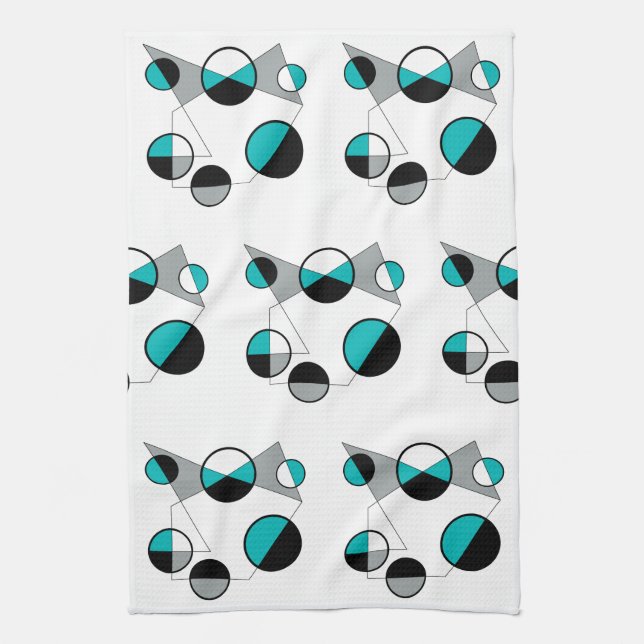 Grey ,black, white, turquoise Geometric Mod Retro Tea Towel (Vertical)