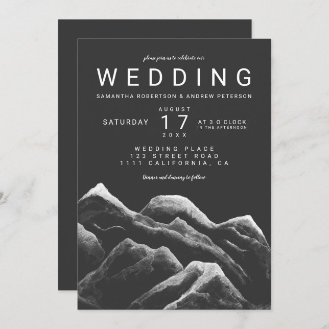 Grey black white watercolor mountains wedding invitation (Front/Back)