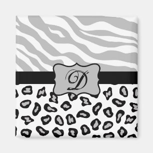 Grey, Black & White Zebra & Cheetah Personalised Magnet