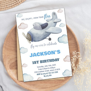 Grey Blue Aeroplane Birthday Invitations