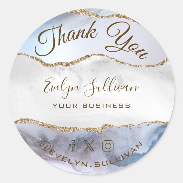 Grey Blue Agate Thank you Classic Round Sticker (Front)