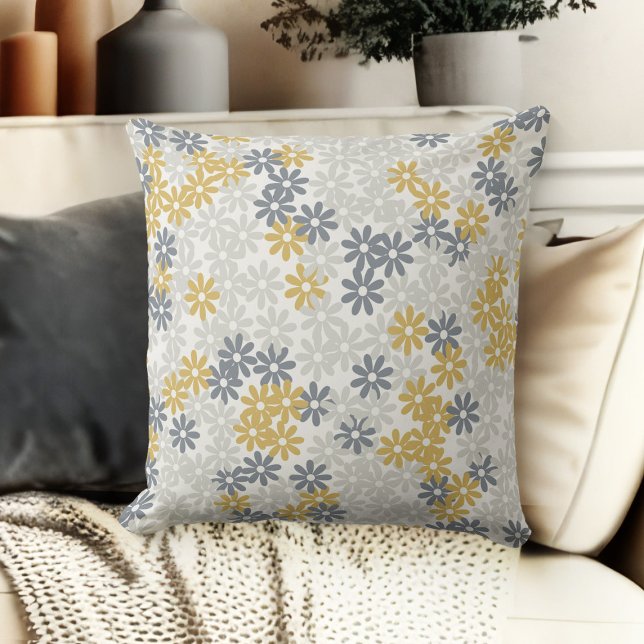 Grey Blue And Gold Floral Daisies Couch Cushion (throw pillow for living room floral couch throw pillow grey, blue, gold and beige)