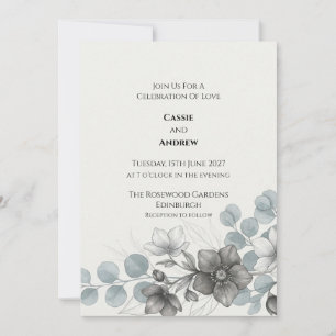 Grey Blue Anemone Eucalyptus Wedding Invitation