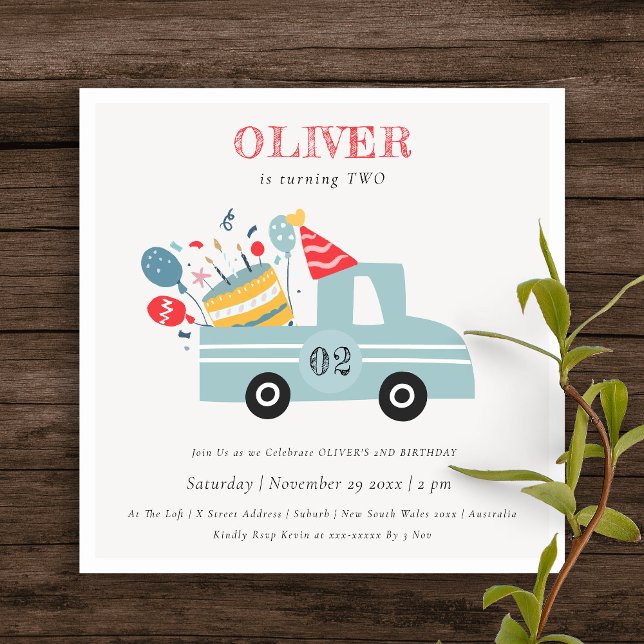 Grey Blue Any Age Birthday Party Cake Truck Invite (Creator Uploaded)