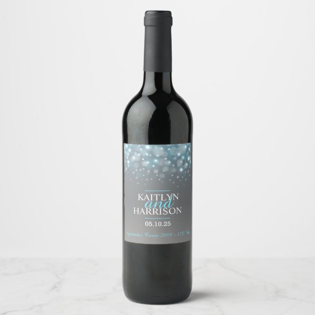 Grey blue aqua bubbles custom wedding wine labels (Front)