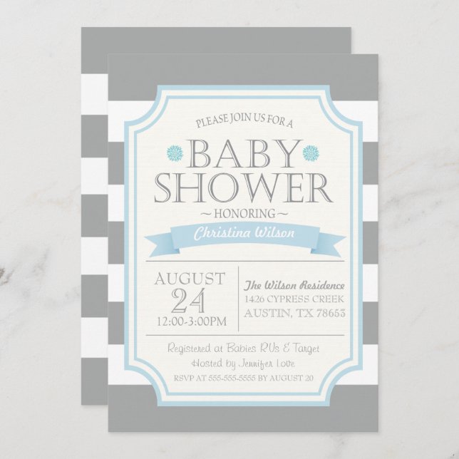 Grey & Blue Baby Shower Invitation (Front/Back)
