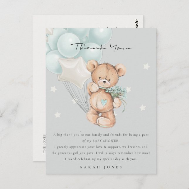 Grey Blue Bear Bearly Wait Balloon Baby Shower Postcard (Front/Back)