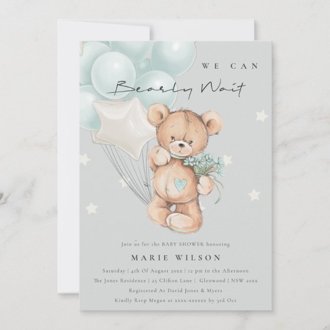 Grey Blue Bearly Wait Balloon Baby Shower Invite (Front)