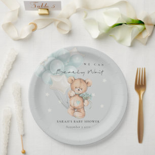 Grey Blue Bearly Wait Bear Balloon Baby Shower Paper Plate