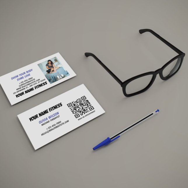 Grey Blue Black Photo-centric Fitness QR Code  Business Card (Creator Uploaded)