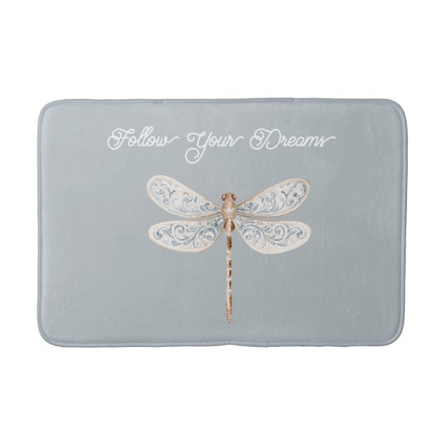 Grey Blue Bronze White Dragonfly Bath Mat (Front)