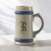 Grey & Blue Ceramic Beer Stein with Custom Initial