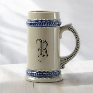 Grey & Blue Ceramic Beer Stein with Custom Initial