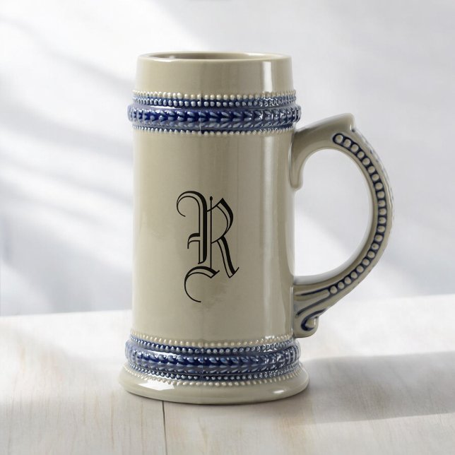 Grey & Blue Ceramic Beer Stein with Custom Initial (MISOOK Grey Beer Stein with Initial)