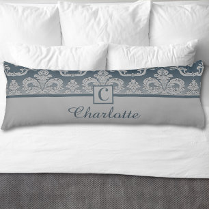 Grey Blue Damask Monogram Personalised Name Body Cushion