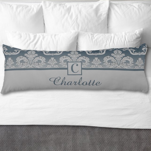 Grey Blue Damask Monogram Personalised Name  Body Cushion (Creator Uploaded)