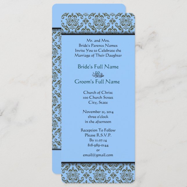 Grey Blue Damask Wedding Invitation (Front/Back)