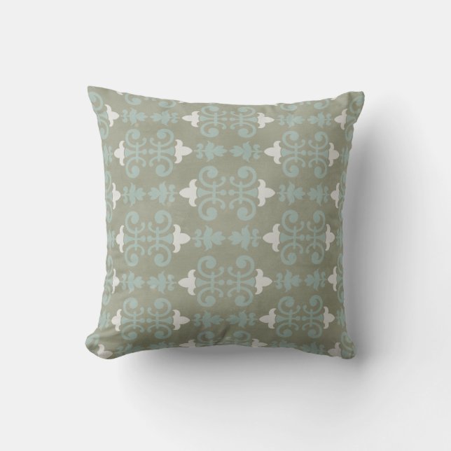 Grey & Blue Decorative Damask Throw Pillow (Front)