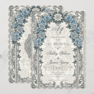 Grey Blue Floral Botanical Wedding Invitation