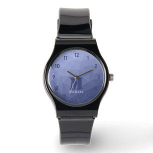 Grey blue geometric mesh pattern Monogram Watch