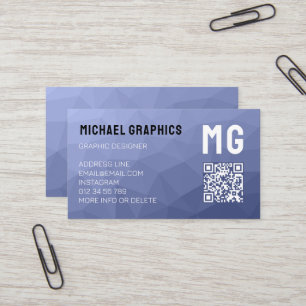 Grey blue geometric mesh pattern QR code Monogram Business Card