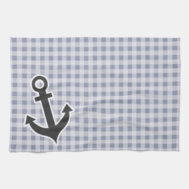 Grey-Blue Gingham; Anchor Tea Towel (Horizontal)