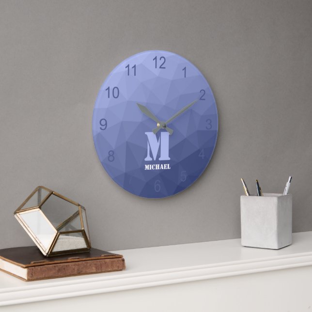 Grey blue gradient geometric mesh pattern Monogram Large Clock (Office)